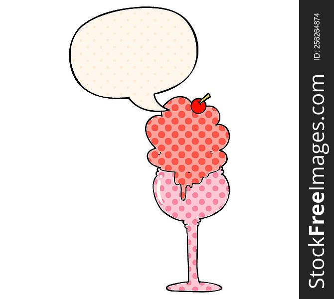 Cartoon Ice Cream Desert And Speech Bubble In Comic Book Style