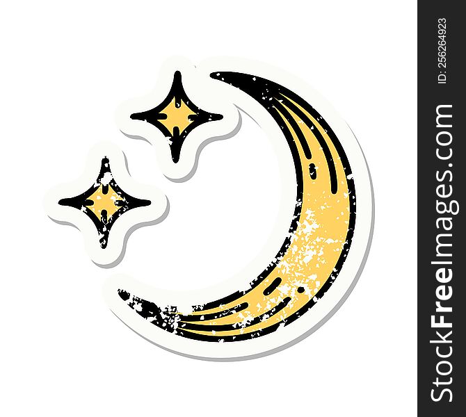 distressed sticker tattoo in traditional style of a moon and stars. distressed sticker tattoo in traditional style of a moon and stars