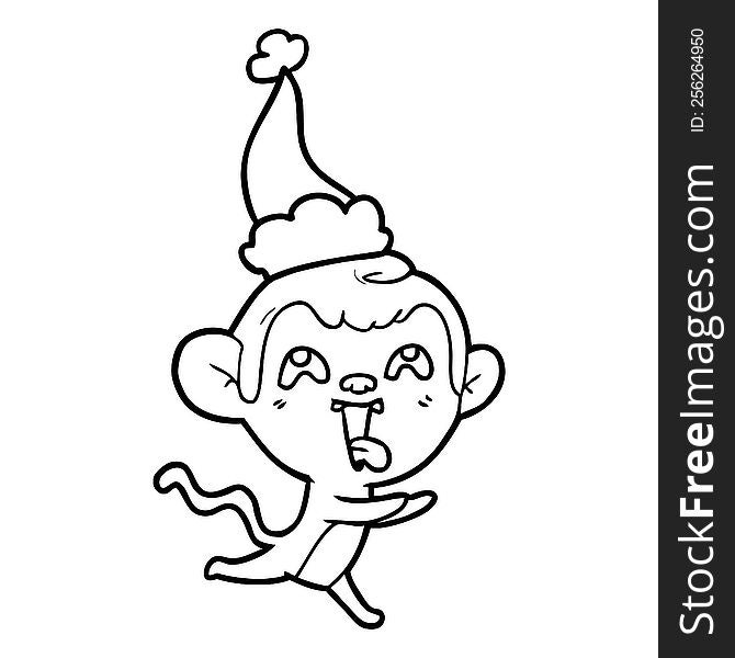 Crazy Line Drawing Of A Monkey Running Wearing Santa Hat