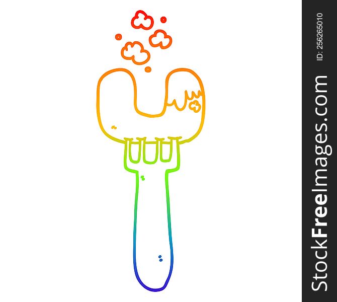 rainbow gradient line drawing of a cartoon sausage on fork