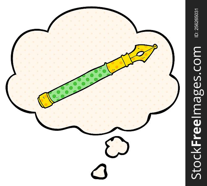 cartoon fountain pen with thought bubble in comic book style