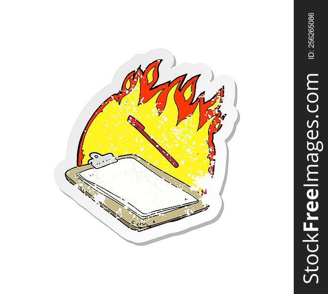 retro distressed sticker of a cartoon clip board on fire