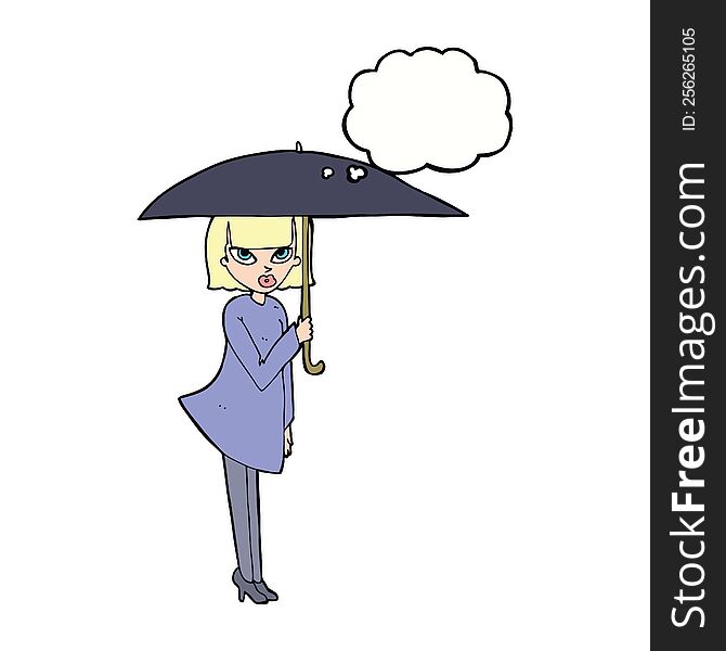 Cartoon Woman With Umbrella With Thought Bubble