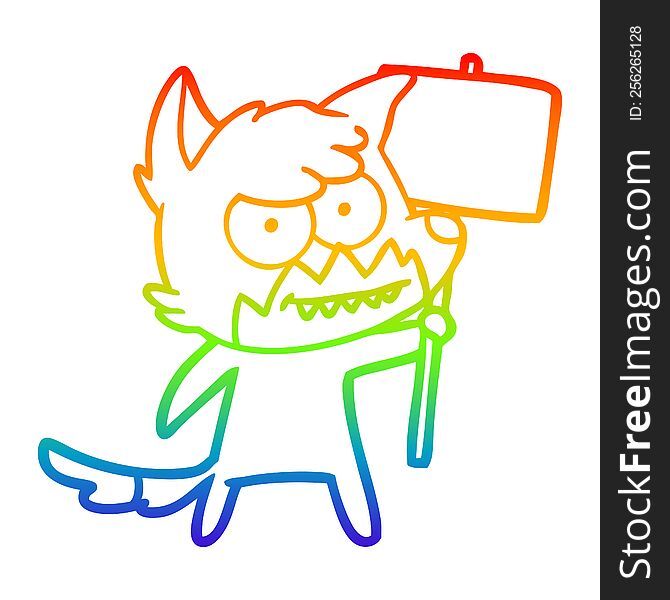 Rainbow Gradient Line Drawing Cartoon Grinning Fox With Protest Sign