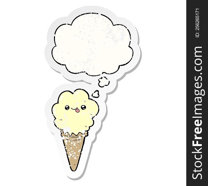 cartoon ice cream with thought bubble as a distressed worn sticker