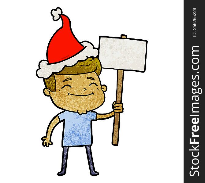 Happy Textured Cartoon Of A Man With Placard Wearing Santa Hat