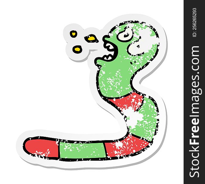 Distressed Sticker Of A Cartoon Frightened Worm