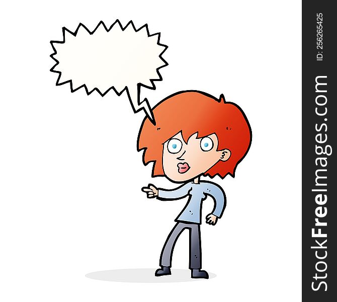 cartoon surprised woman pointing with speech bubble