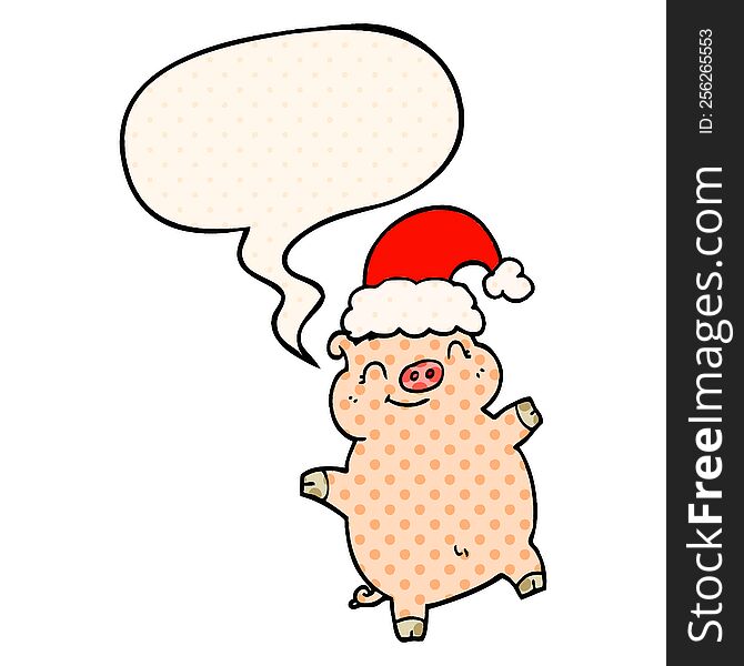 Cartoon Happy Christmas Pig And Speech Bubble In Comic Book Style