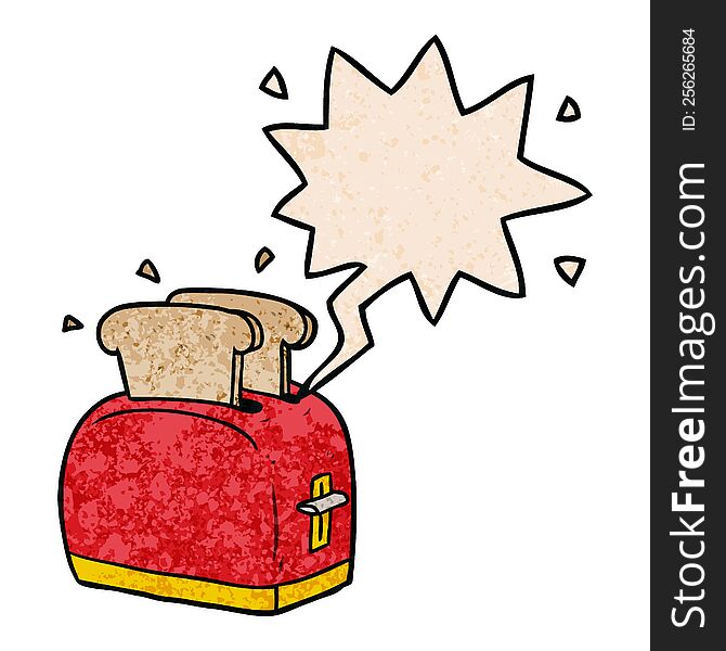 cartoon toaster toasting bread and speech bubble in retro texture style