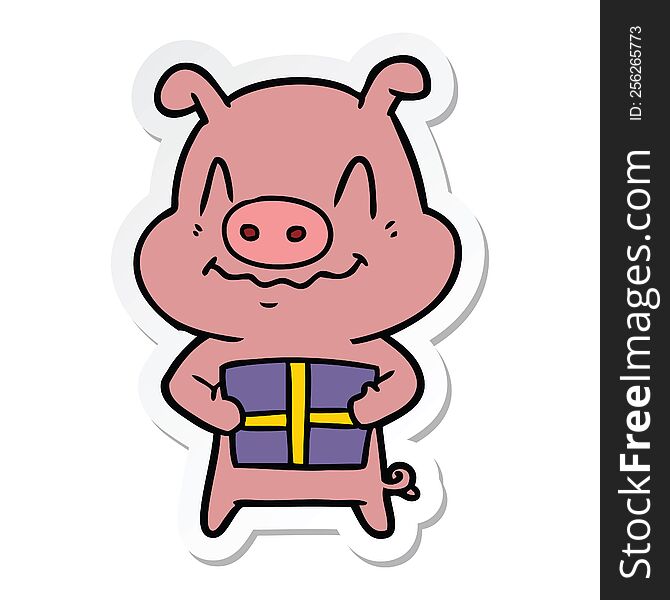 Sticker Of A Nervous Cartoon Pig With Present