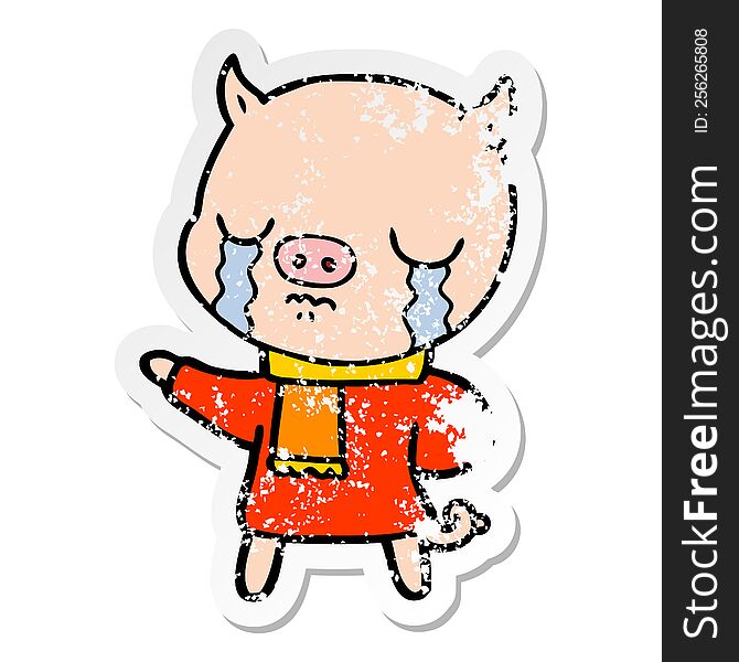 Distressed Sticker Of A Cartoon Crying Pig Wearing Scarf