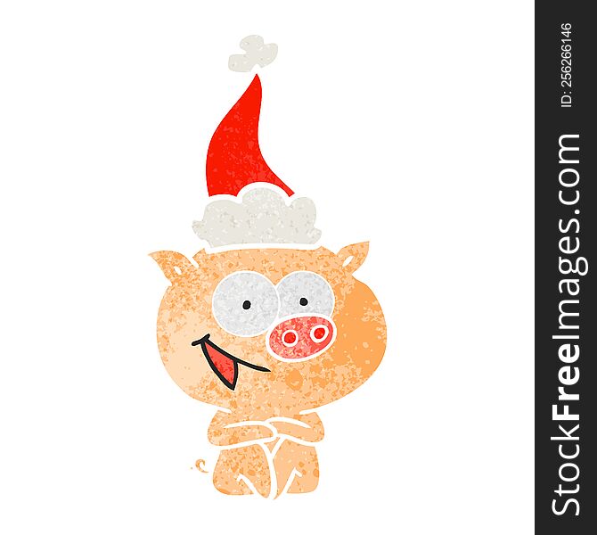 cheerful sitting pig hand drawn retro cartoon of a wearing santa hat. cheerful sitting pig hand drawn retro cartoon of a wearing santa hat