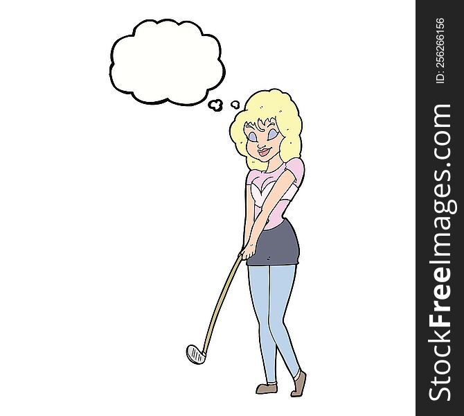 cartoon woman playing golf with thought bubble