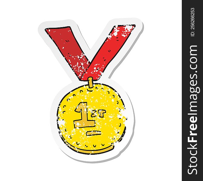 retro distressed sticker of a cartoon first place medal