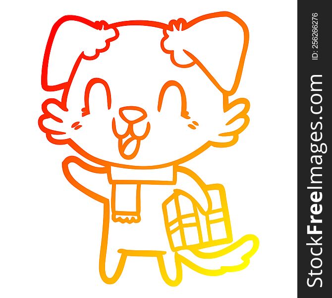 warm gradient line drawing laughing cartoon dog with christmas present