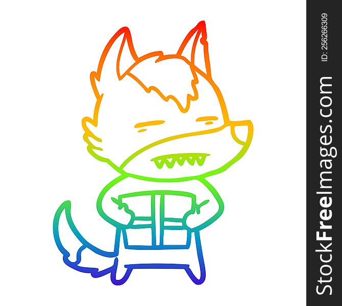Rainbow Gradient Line Drawing Cartoon Wolf With A Gift