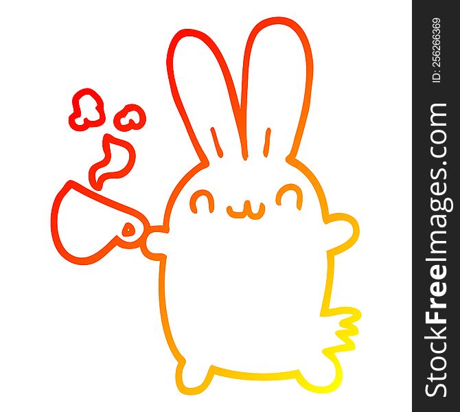 warm gradient line drawing of a cute cartoon rabbit drinking coffee