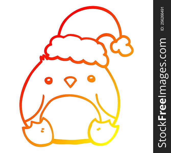 warm gradient line drawing of a cute cartoon penguin wearing christmas hat