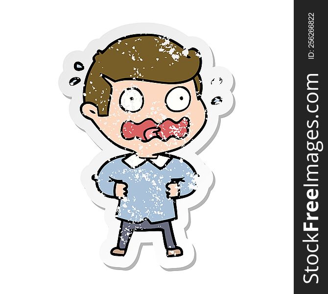Distressed Sticker Of A Cartoon Man Totally Stressed Out