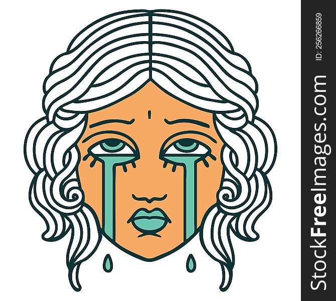 iconic tattoo style image of female face crying. iconic tattoo style image of female face crying