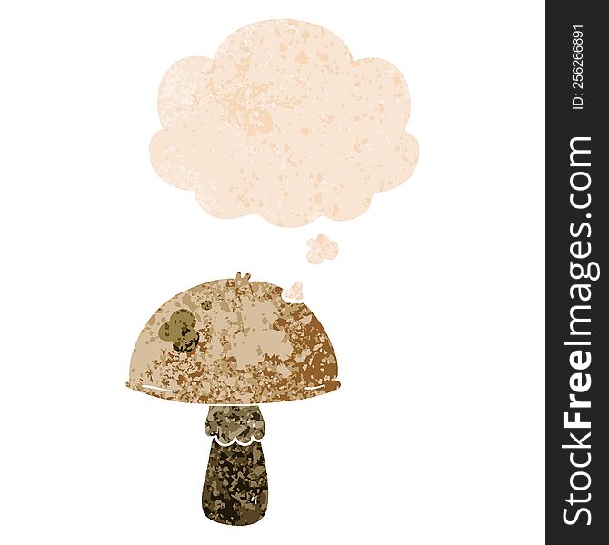 Cartoon Mushroom And Thought Bubble In Retro Textured Style