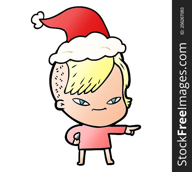 Cute Gradient Cartoon Of A Girl With Hipster Haircut Wearing Santa Hat
