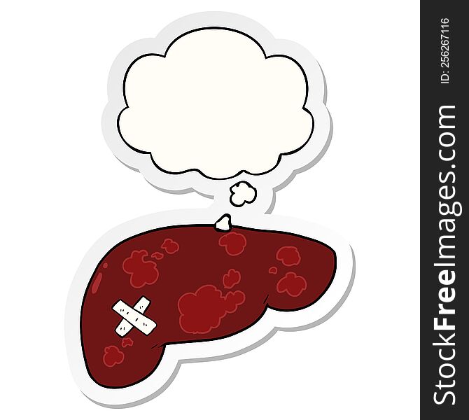 cartoon unhealthy liver and thought bubble as a printed sticker