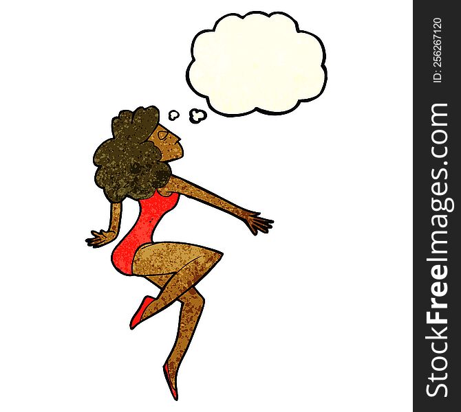 cartoon dancing woman with thought bubble