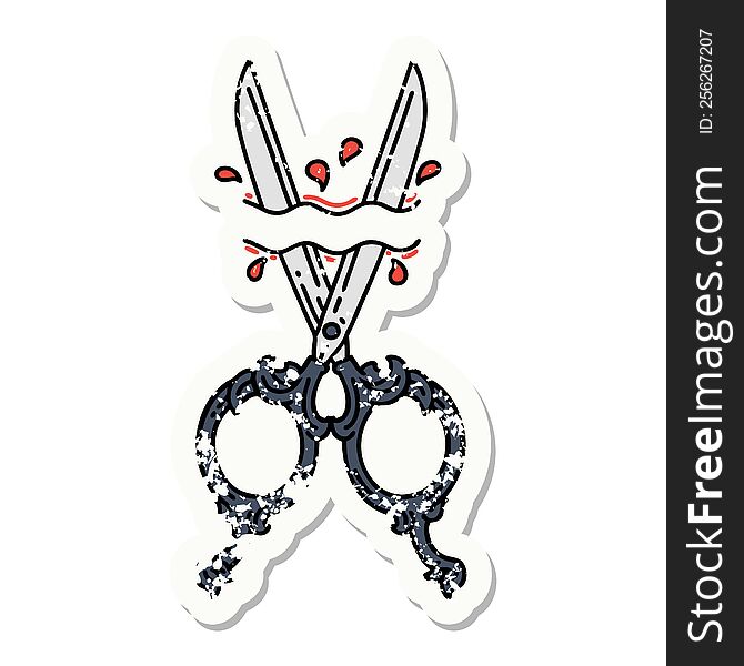 Traditional Distressed Sticker Tattoo Of Barber Scissors