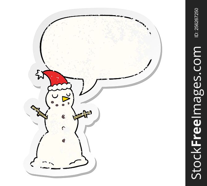 Cartoon Christmas Snowman And Speech Bubble Distressed Sticker