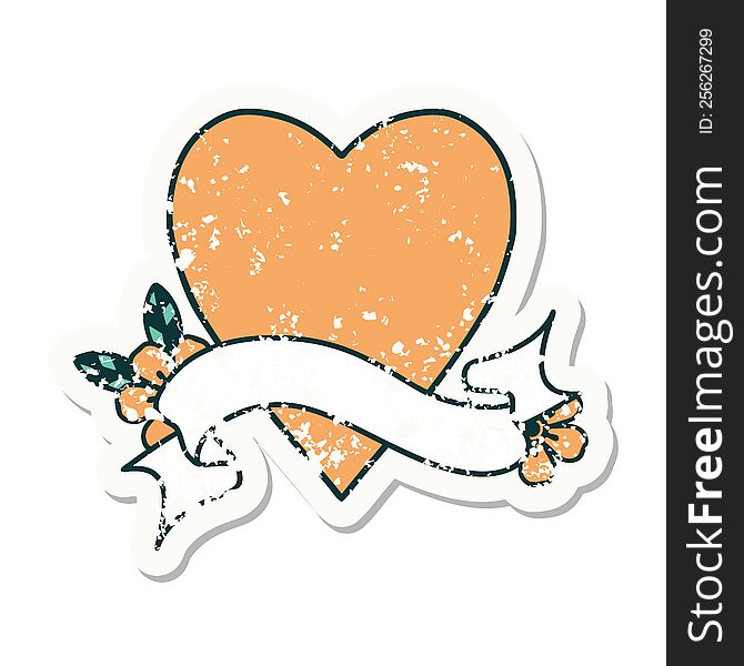 worn old sticker with banner of a heart. worn old sticker with banner of a heart