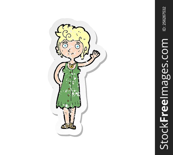 Retro Distressed Sticker Of A Cartoon Hippie Woman Waving