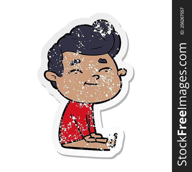 Distressed Sticker Of A Happy Cartoon Man Sitting