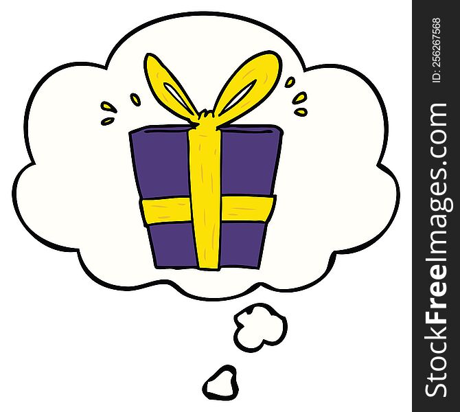 cartoon wrapped gift with thought bubble. cartoon wrapped gift with thought bubble