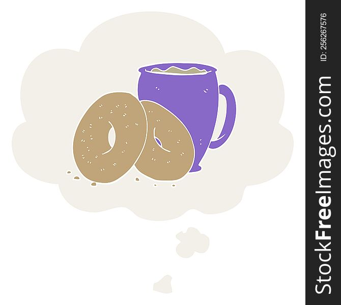 cartoon coffee and donuts with thought bubble in retro style