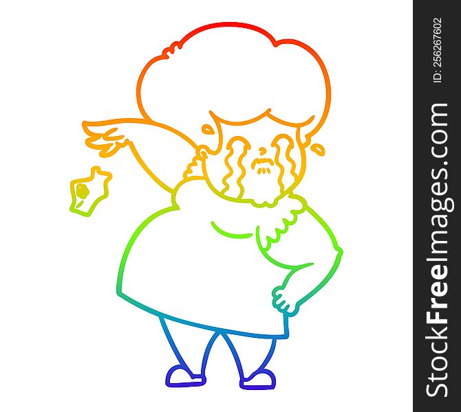 Rainbow Gradient Line Drawing Cartoon Crying Woman Dropping Handkerchief