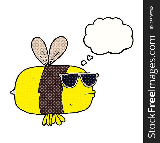 freehand drawn thought bubble cartoon bee wearing sunglasses