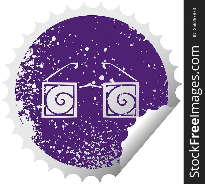 distressed circular peeling sticker symbol of a hypno glasses