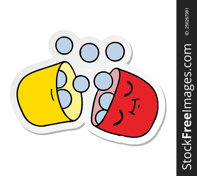 freehand drawn sticker cartoon of a smiling pill