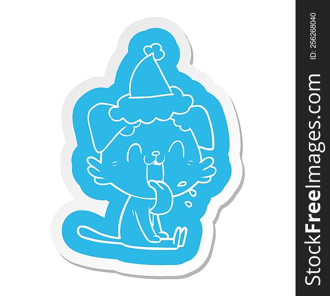 quirky cartoon  sticker of a panting dog wearing santa hat