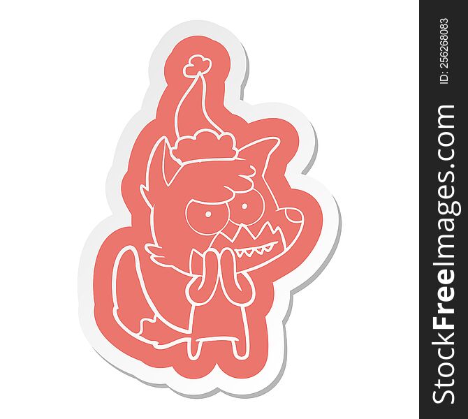 Cartoon  Sticker Of A Grinning Fox Wearing Santa Hat