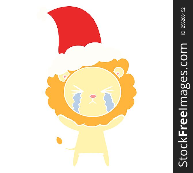 hand drawn flat color illustration of a crying lion wearing santa hat