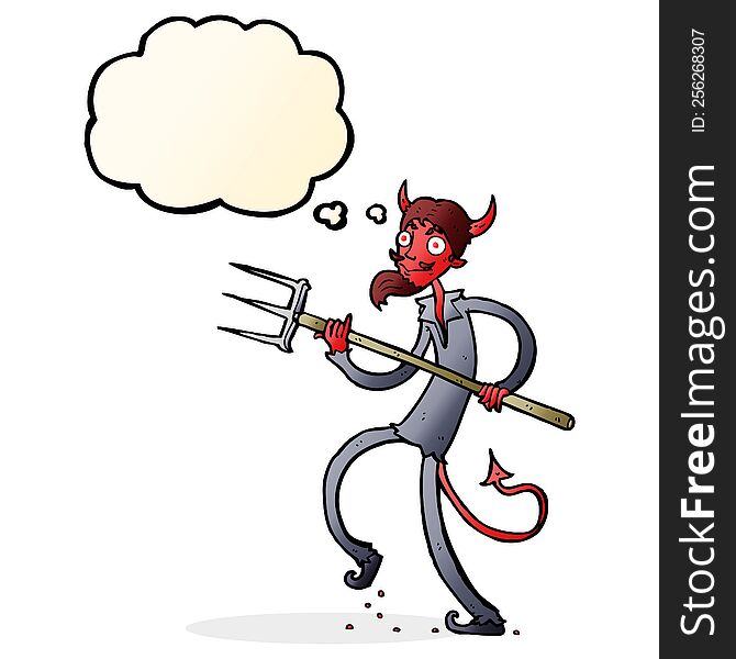 cartoon devil with pitchfork with thought bubble