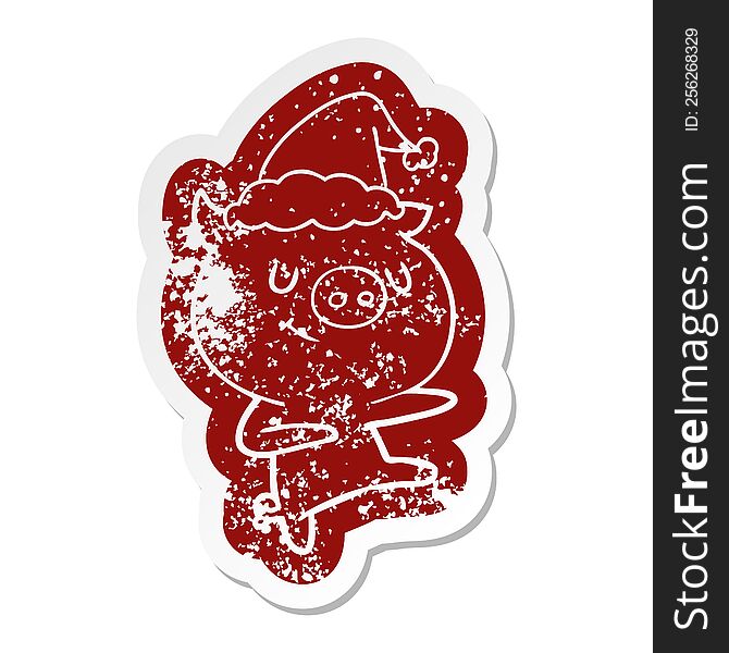 happy cartoon distressed sticker of a pig dancing wearing santa hat