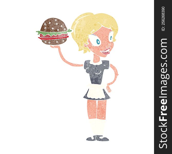 cartoon waitress serving burger. cartoon waitress serving burger