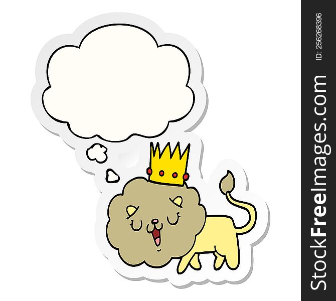 Cartoon Lion With Crown And Thought Bubble As A Printed Sticker