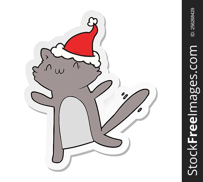 Sticker Cartoon Of A Dancing Cat Wearing Santa Hat
