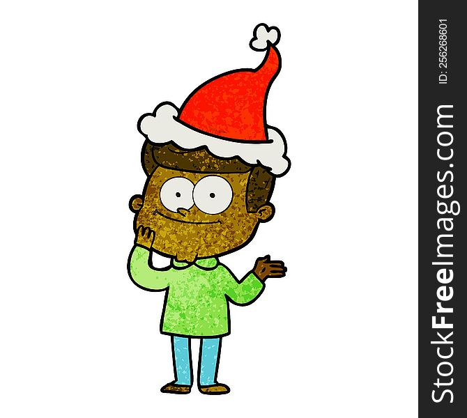 hand drawn textured cartoon of a happy man wearing santa hat