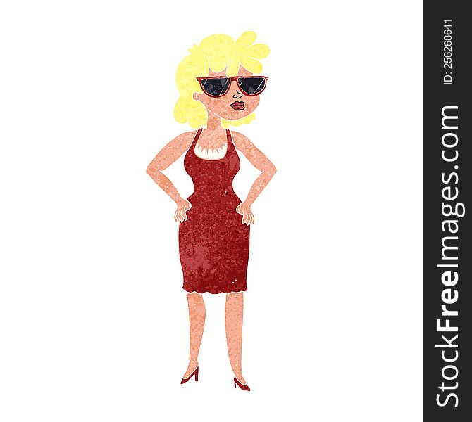 freehand drawn retro cartoon woman wearing sunglasses